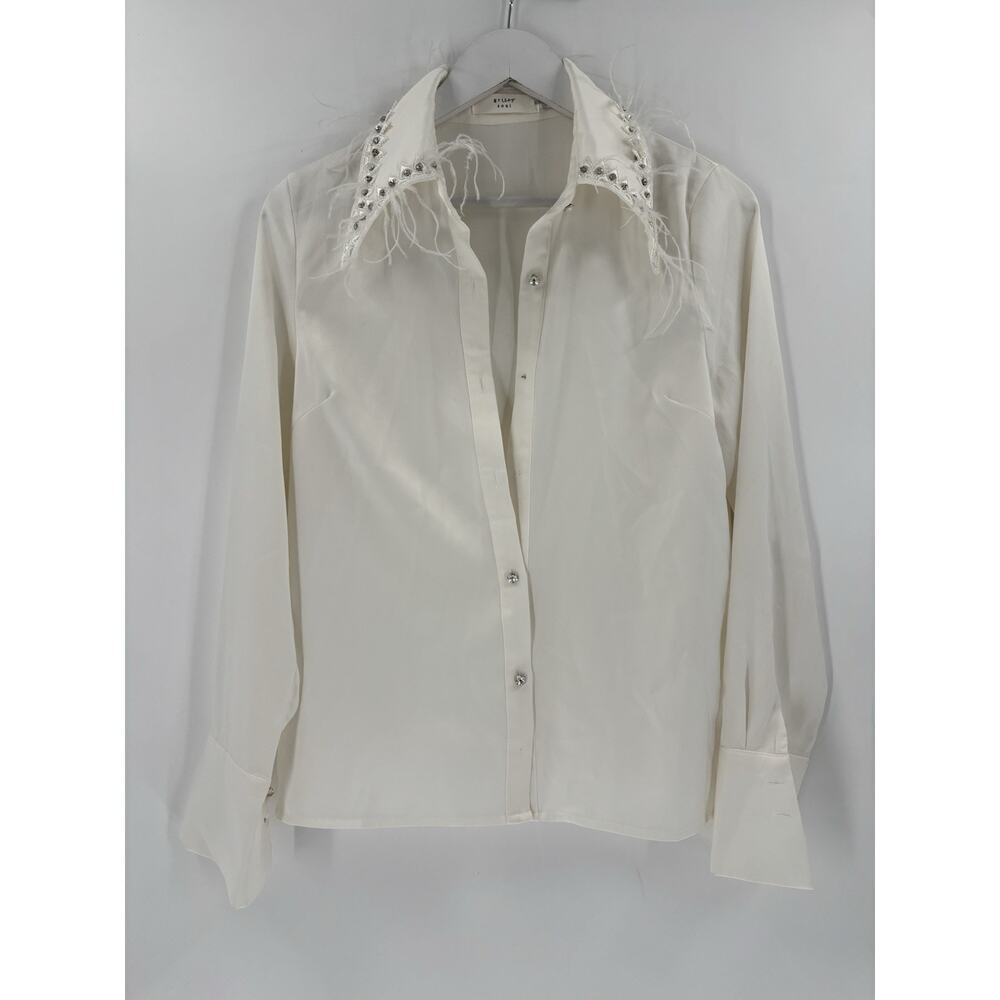 Gritty Soul Womens Medium White Button Up Studded Feathered Satin Semisheer